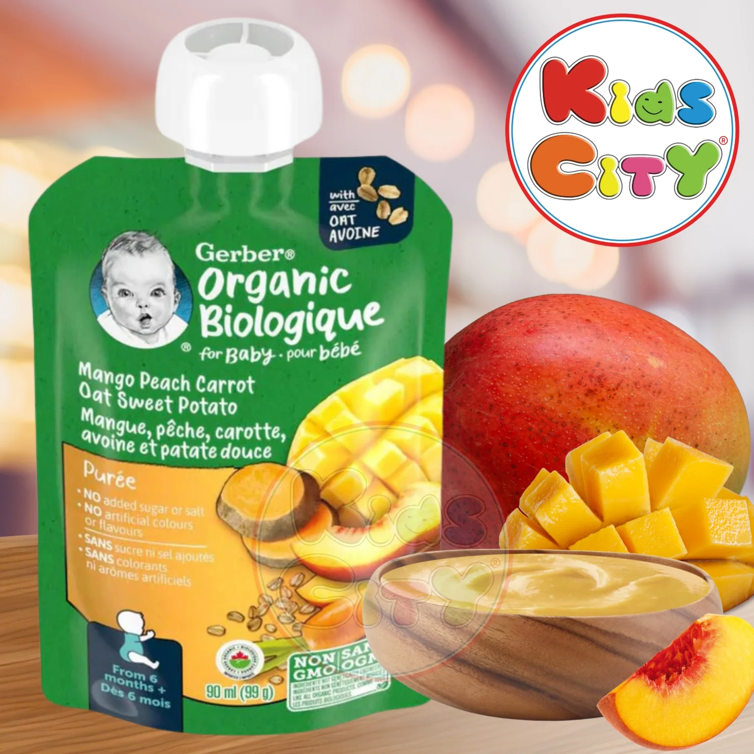 Gerber Organic Biologique for Baby, 2nd Foods, 90ml (99g) Mango Peach Carrot Oat Sweet Potato (Pack of 1)