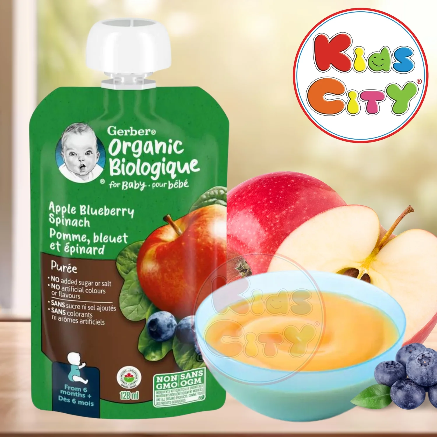 Gerber Organic Biologique for Baby, 2nd Foods, 128ml, Apple Blueberry Spinach (Pack of 1)