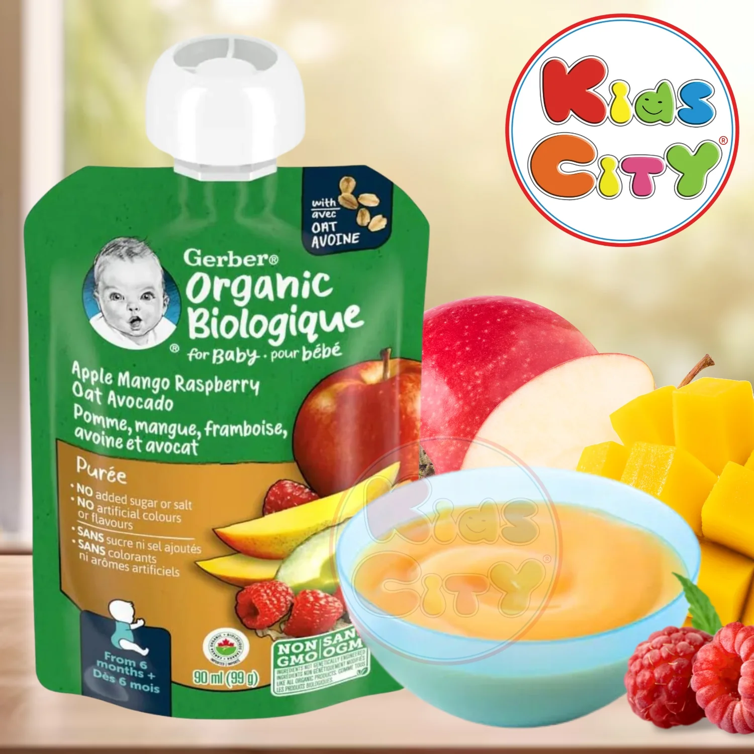 Gerber Organic Biologique for Baby, 2nd Foods, 90ml (99g) Apple Mango Rasberry Oat Avocado (Pack of 1)